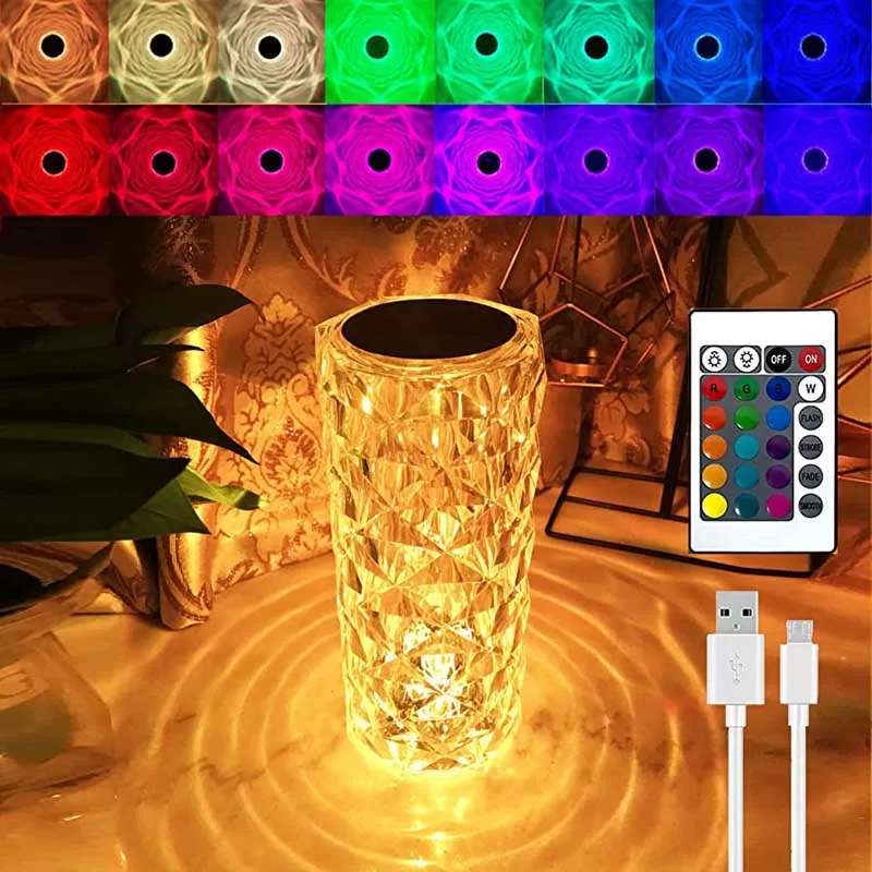 LED Crystal Lamp Rose Diamond Table Lamp Acrylic Touch Atmosphere 16-Colors